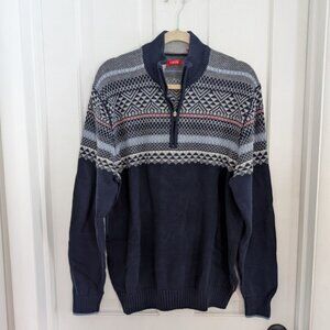 Izod Mens Nordic Fair Isle Sweater XTRA LARGE Preppy Grandpa Elbow Patch 1/4 Zip
